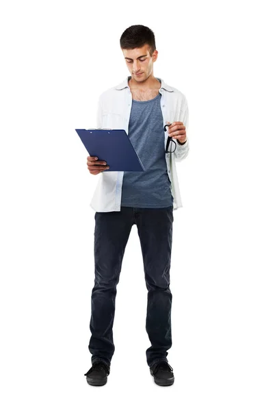 Looks Done Full Length Image Male Looking Clipboard — Stock Photo, Image