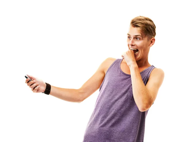 Hope Wrong Number Studio Shot Young Man Reacting Text Message — Stock Photo, Image