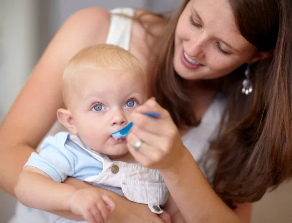 Yoghurt Tastes Good Cute Toddler Being Fed His Mother While Stock Photo