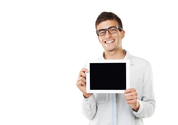 All Information Stored Here Smiling Man Hipster Glasses Holding Touch Stock Image