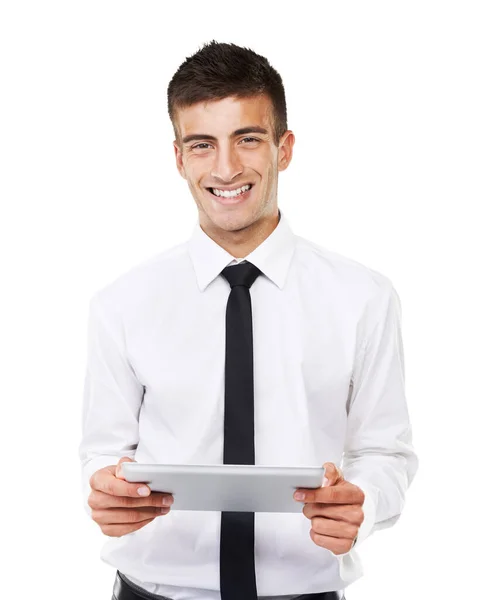 Pleased New Gadget Portrait Smiling Man Holding Touchscreen White Background — Stock Photo, Image
