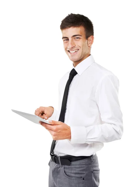 Technologia Ekranu Dotykowego Portret Uśmiechniętego Mężczyzny Trzymającego Ekran Dotykowy Białym — Zdjęcie stockowe