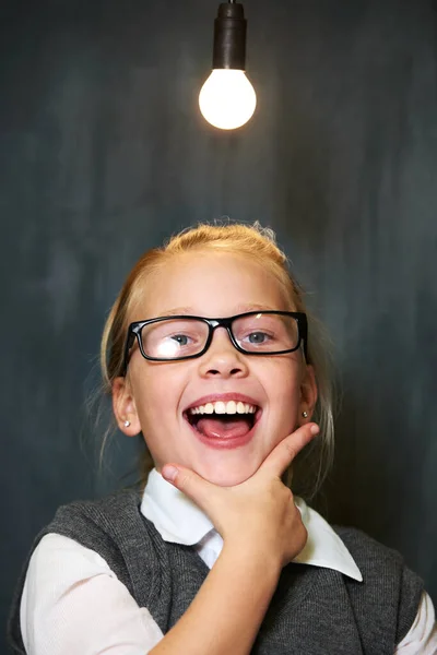 Shes Brightspark Cute Blonde Girl Looking Pensive Lightbulb Class — Stock Photo, Image