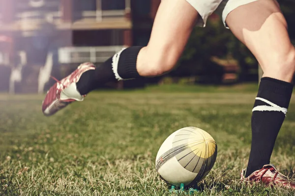 Theres Power Those Boots Rugby Player Kicking Poles — Stock Photo, Image