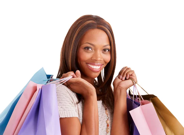 Alışverişe Bayılırım Bir Sürü Alışveriş Çantası Tutan Gülümseyen Mutlu Bir — Stok fotoğraf