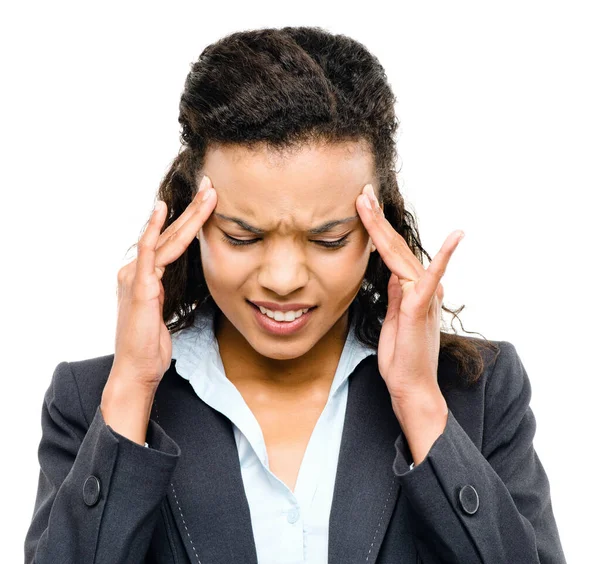 Donna Affari Mal Testa Viso Stress Sfondo Bianco Isolato Errore — Foto Stock