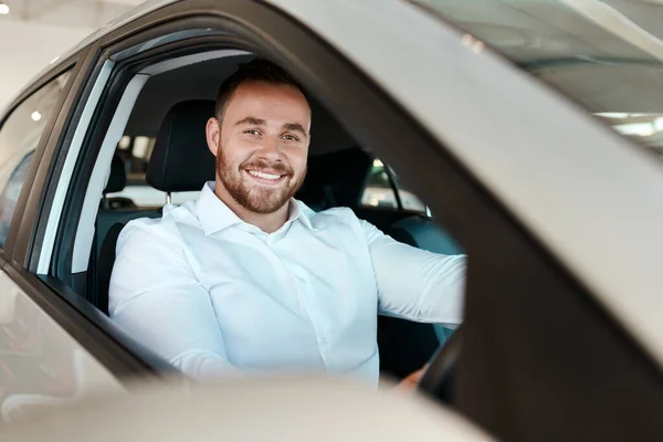 Have Many Road Trips Young Man Drive His New Car — Stock Photo, Image
