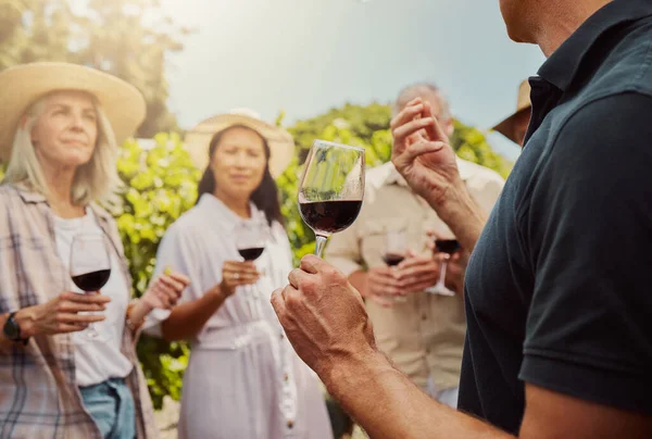 Farmer talking and explaining to diverse group of friends while holding wineglass of red wine on farm. People standing together with alcohol for tasting during summer on vineyard. Weekend wine tastin.