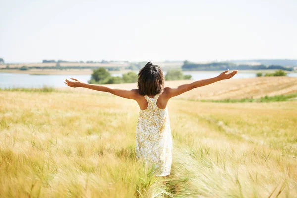 Enjoying Countryside Woman Wheat Field — Stock Photo, Image