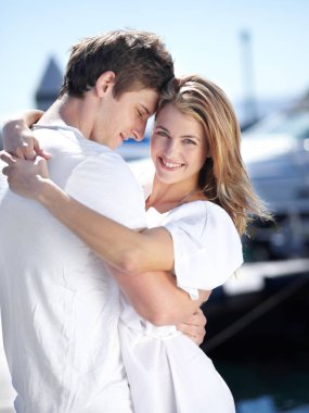 Harbor, love and portrait of couple hug with smile on summer holiday, vacation and adventure by sea. Travel, romance and man and woman excited for luxury cruise for journey, romantic trip and bonding. clipart