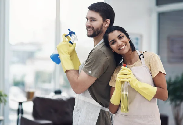 Dont Just Bust Germs Bust Gender Stereotypes Happy Young Couple — Stock Photo, Image