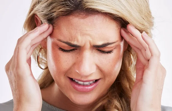 Εξουθενωτικό Άγχος Και Γυναίκα Πονοκέφαλο Έκτακτη Ανάγκη Και Εξαντλημένη Από — Φωτογραφία Αρχείου