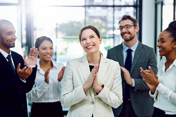 Business, woman and employees with applause, promotion and achievement in the workplace. Partners, men and women clapping, celebration and support for collaboration, teamwork or happiness with growth.