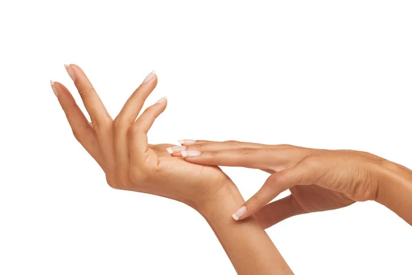 Smooth Moisturized Touching Hands Skincare Isolated White Background Studio Soft — Stock Photo, Image