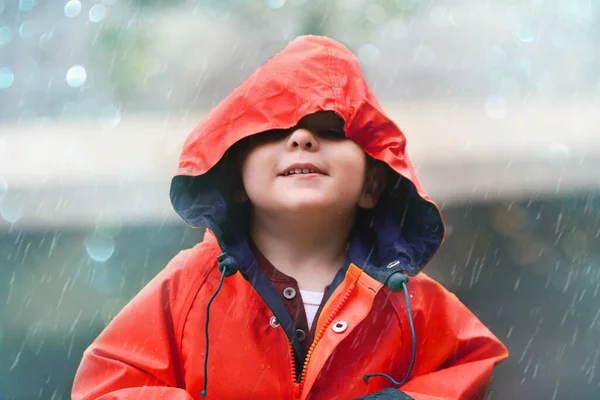 Happy Boy Red Raincoat Little Child Playing Having Fun Raindrops — Stock Photo, Image