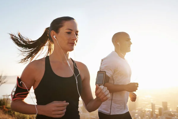 Sunrise Streaming Fitness Couple Running Workout Morning Exercise Health Wellness — Stock Photo, Image