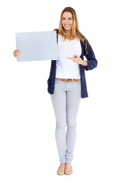 Sorridi Mostrando Poster Ritratto Una Donna Isolata Uno Sfondo Bianco — Foto Stock