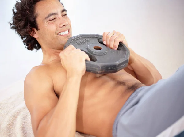 Oefening Oppas Man Met Gewicht Huis Voor Gezondheid Welzijn Kernspieren — Stockfoto