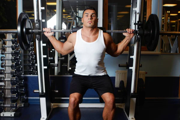 Gym Portrait Barbell Strong Fitness Man Exercising Strength Training Muscle — Stock Photo, Image