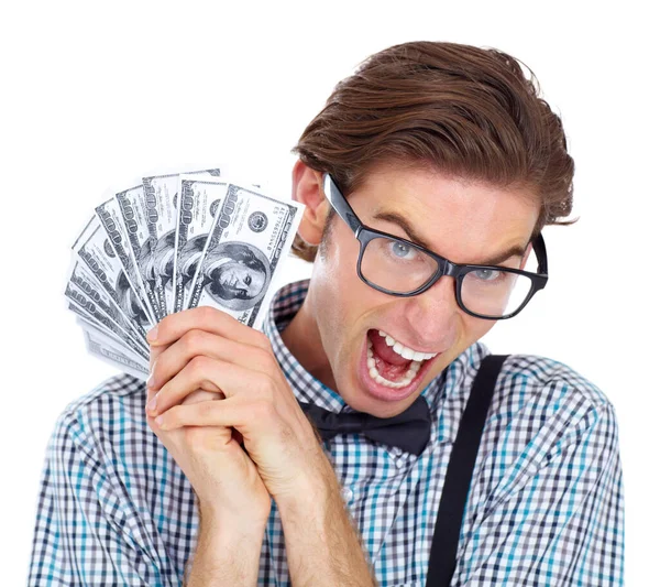 Retrato Dinheiro Homem Animado Com Dólares Estúdio Isolado Fundo Branco — Fotografia de Stock