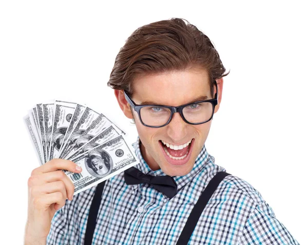 Dinero Retrato Nerd Hombre Excitado Con Dólares Estudio Aislado Sobre — Foto de Stock