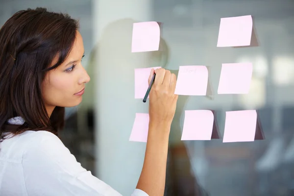 Business Woman Writing Planning Brainstorming Strategy Ideas Glass Board Office — Stock Photo, Image