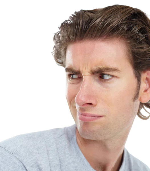 Young Man Disgust Face Looking Shoulder Anger Confused Frown White — Stock Photo, Image
