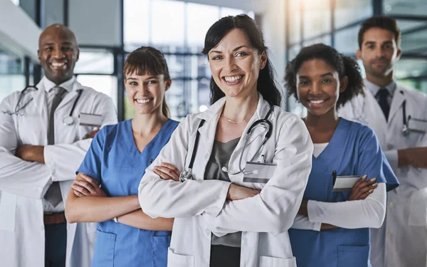 偉大な健康への道をリード 病院に立っている自信のある医師のチームの肖像画 — ストック写真