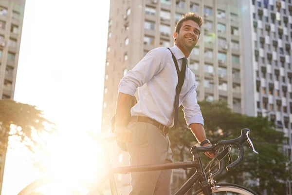 Ciclismo Manhã Homem Negócios Cidade Para Deslocamento Carbono Neutro Transporte — Fotografia de Stock