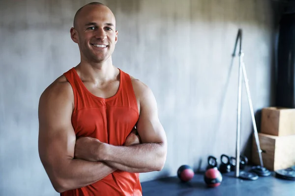Boldog Ember Fitness Portré Karokkal Keresztbe Bizalommal Edzés Testmozgás Vagy — Stock Fotó