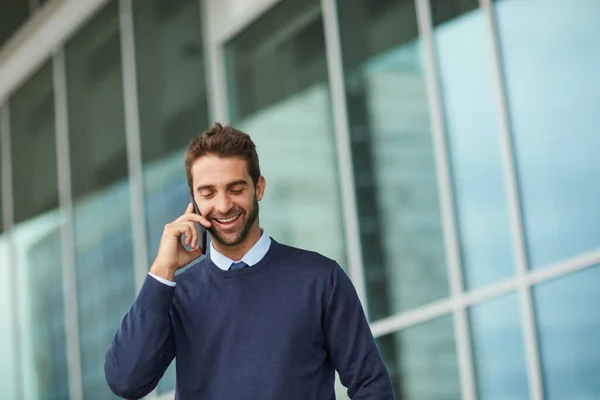 Building Connections Clients Handsome Young Businessman Standing Alone Using His — Stock Photo, Image