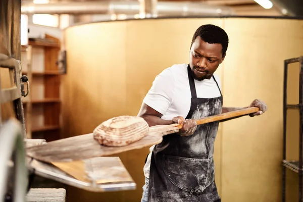 新鲜烘焙的家从烤箱中取出刚烘烤好的面包的男面包师 — 图库照片