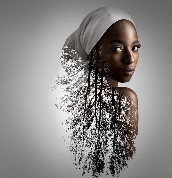 Natural Belleza Retrato Mujer Negra Estudio Para Doble Exposición Maqueta — Foto de Stock