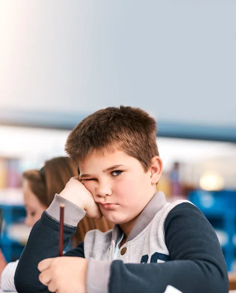Bored Work Portrait Shot Grumpy Elementary School Kid Sitting Class — Stock Photo, Image