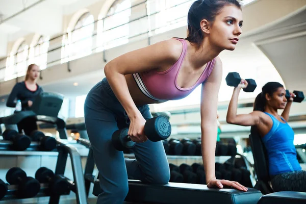 Gym Attractive Young Women Working Out Dumbbells Gym — Stock Photo, Image