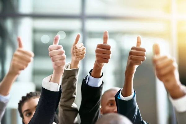 Youre Looking Encouragement Group Businesspeople Giving Thumbs Modern Office — Stock Photo, Image