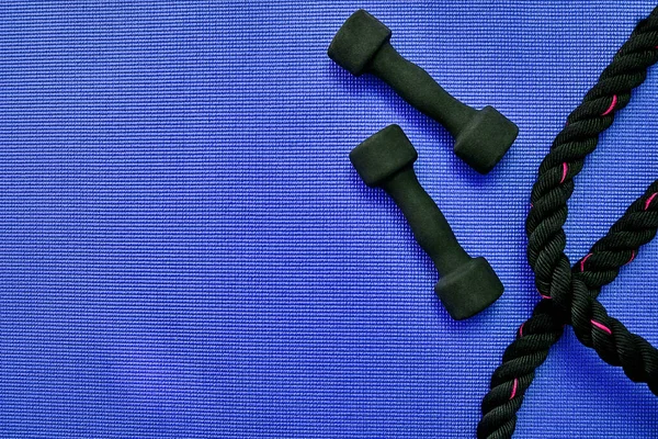 Whos ready for a workout. High angle shot of two lightweight dumbbells and piece of rope placed on a blue background inside of a studio