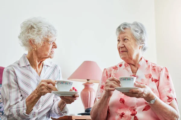 それらのキャッチアップセッションは黄金です 2人の幸せな高齢女性が家でお茶を飲み — ストック写真