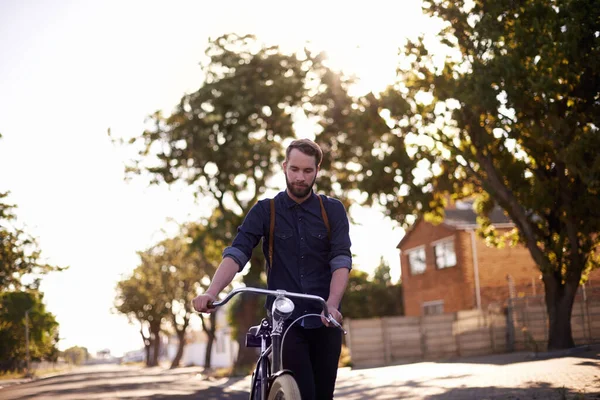 Bicicleta Transporte Homem Estrada Caminhando Com Lente Sinalização Para Exercício — Fotografia de Stock