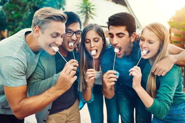 おやつの時間だ 外の棒でマシュマロを食べながら一緒にポーズをとる若い友達のグループは — ストック写真