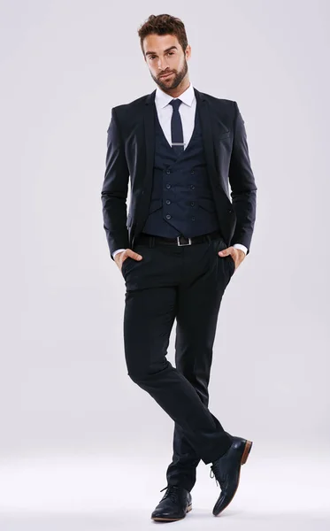 Portrait Suit Man Fashion Confidence Happiness Isolated Studio Background Face — Stock Photo, Image