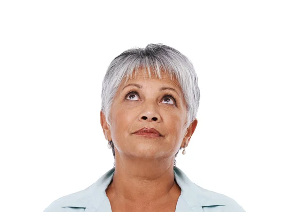 Mujer Mayor Aislada Pensando Pregunta Mirando Hacia Arriba Salud Mental — Foto de Stock