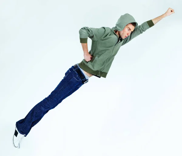 Man Flygande Superhjälte Posera Med Mode Och Snygga Streetwear Casual — Stockfoto
