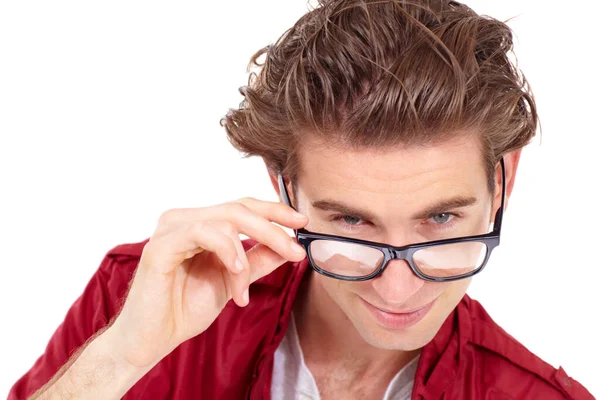 Face Close Retrato Homem Com Óculos Estúdio Fundo Branco Atitude — Fotografia de Stock