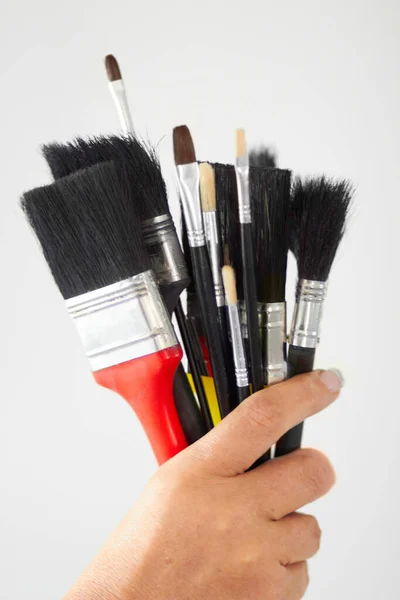 Pincel Pintura Mão Closeup Ferramenta Criatividade Para Arte Empreiteiro Trabalho — Fotografia de Stock