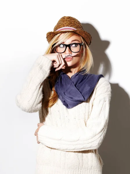 Hipster Retrato Aislado Chica Con Bigote Dedo Índice Gafas Nerd —  Fotos de Stock