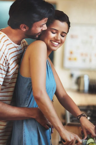Love Menu Tonight Affectionate Young Couple Cooking Together Kitchen Home — Stock Photo, Image
