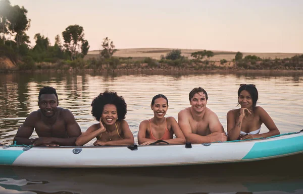 Diverse Group Friends Having Fun While Swimming Lake Summer Floating — Stok Foto