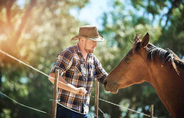 自然に近づくんだ 馬と一緒に立っている農家は — ストック写真
