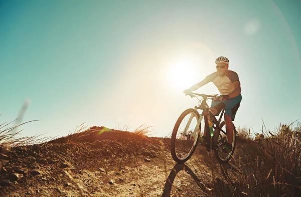Mountain Biking Gives You Better Workout Man Out Cycling Countryside — Stock Photo, Image